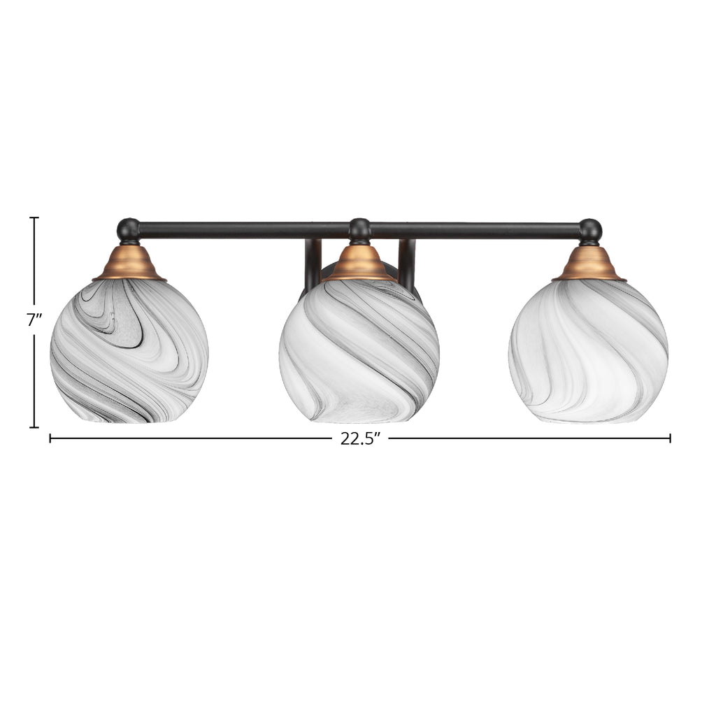 Paramount Three Light Bath Bar in Matte Black & Brass with 5.75" Onyx Swirl Shade