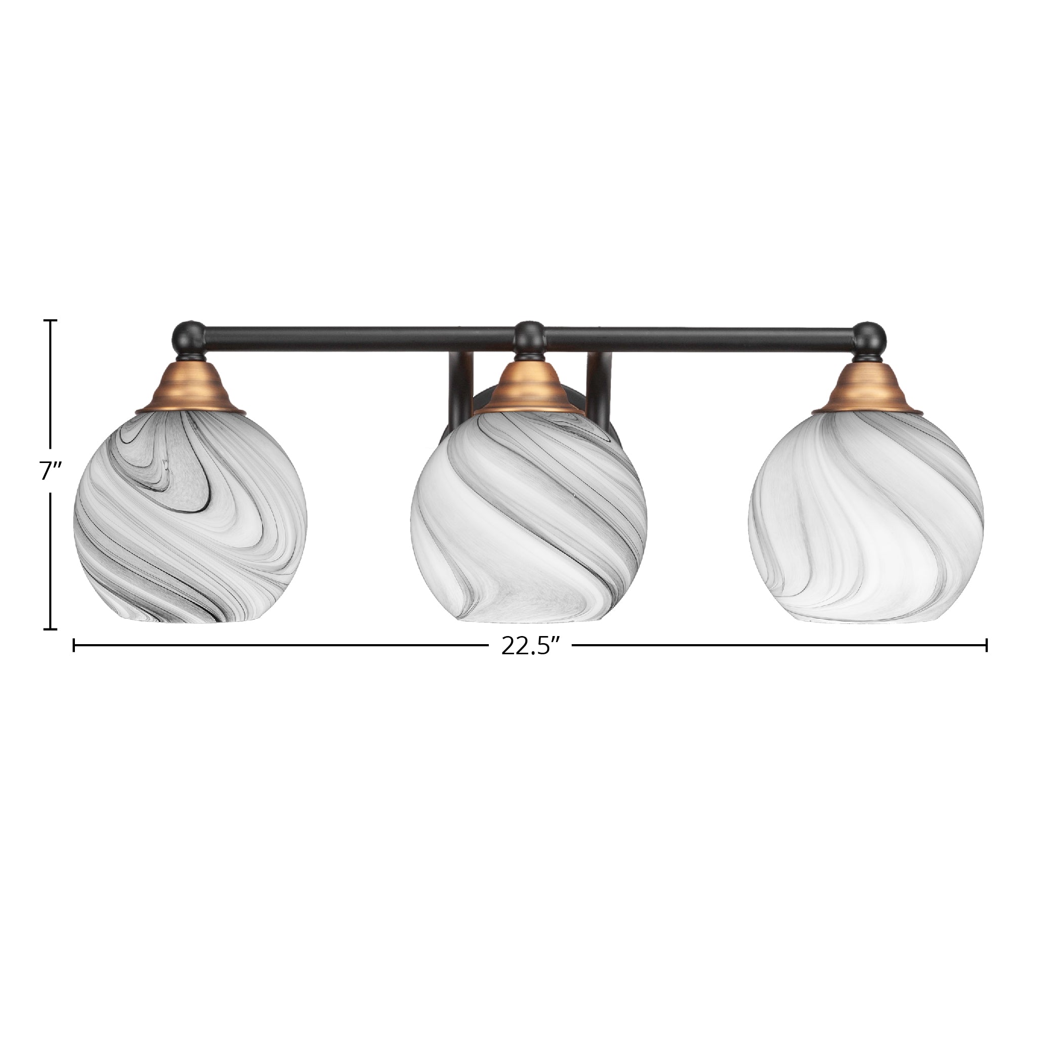 Paramount Three Light Bath Bar in Matte Black & Brass with 5.75" Onyx Swirl Shade
