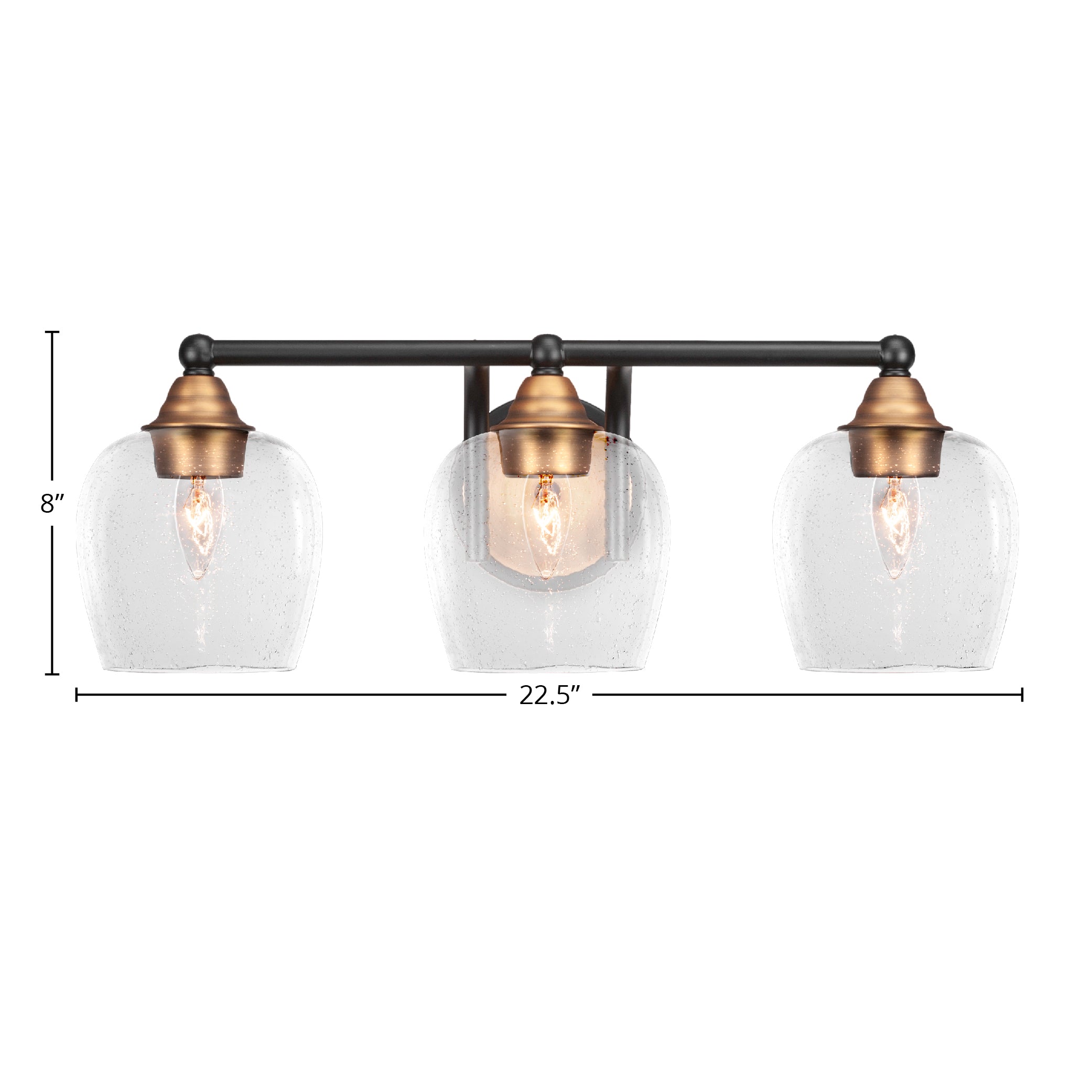 Paramount Three Light Bath Bar in Matte Black & Brass with 6" Clear Bubble Shade