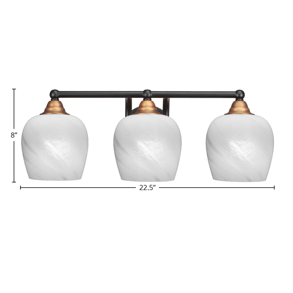 Paramount Three Light Bath Bar in Matte Black & Brass with 6" White Marble Shade