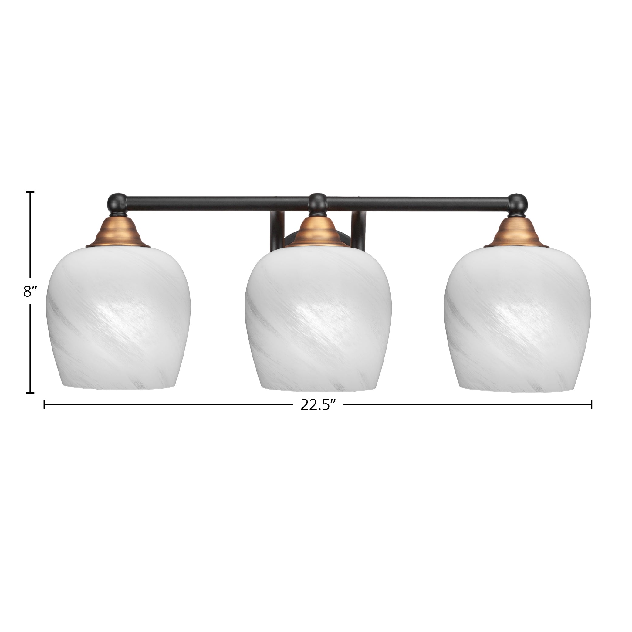 Paramount Three Light Bath Bar in Matte Black & Brass with 6" White Marble Shade