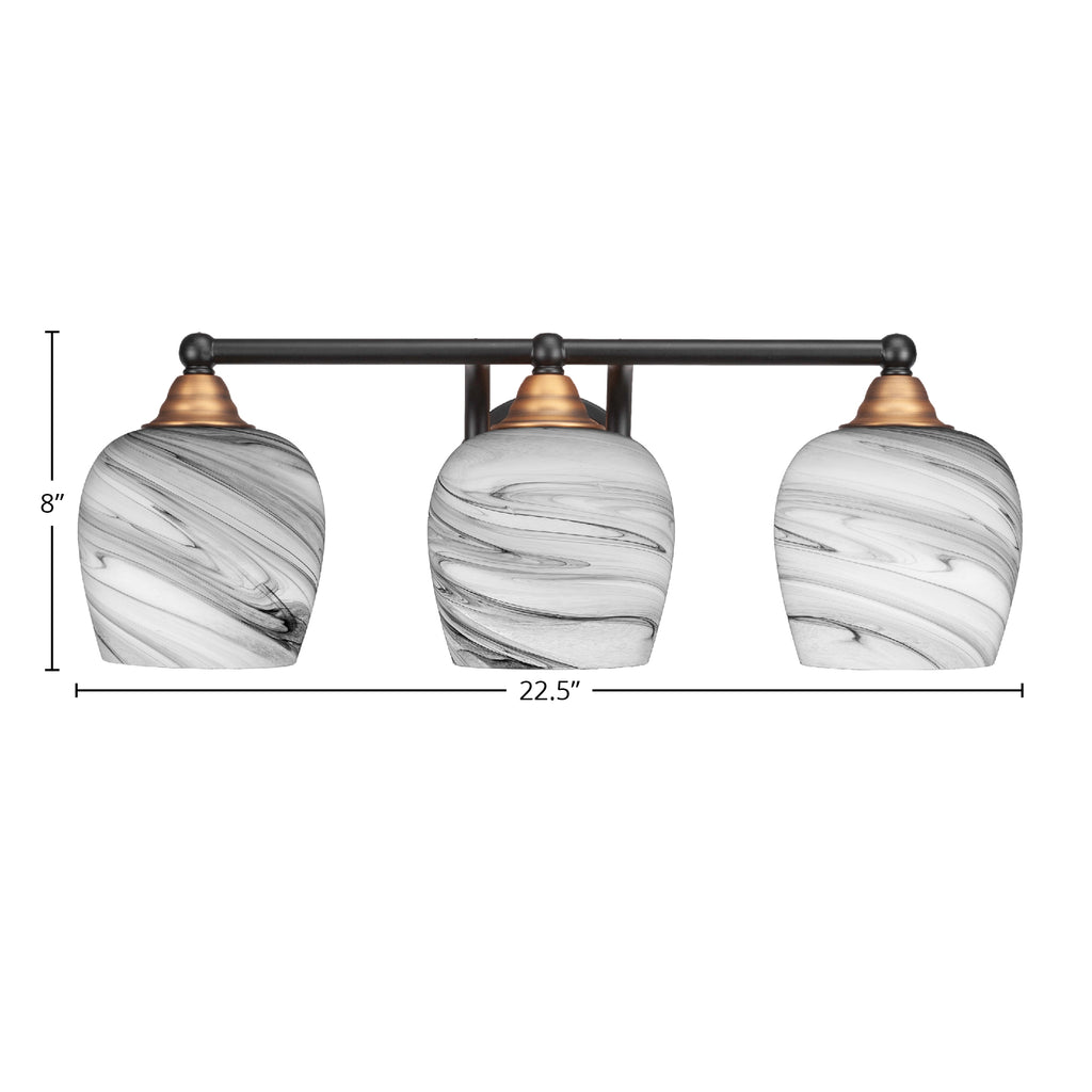 Paramount Three Light Bath Bar in Matte Black & Brass with 6" Onyx Swirl Shade