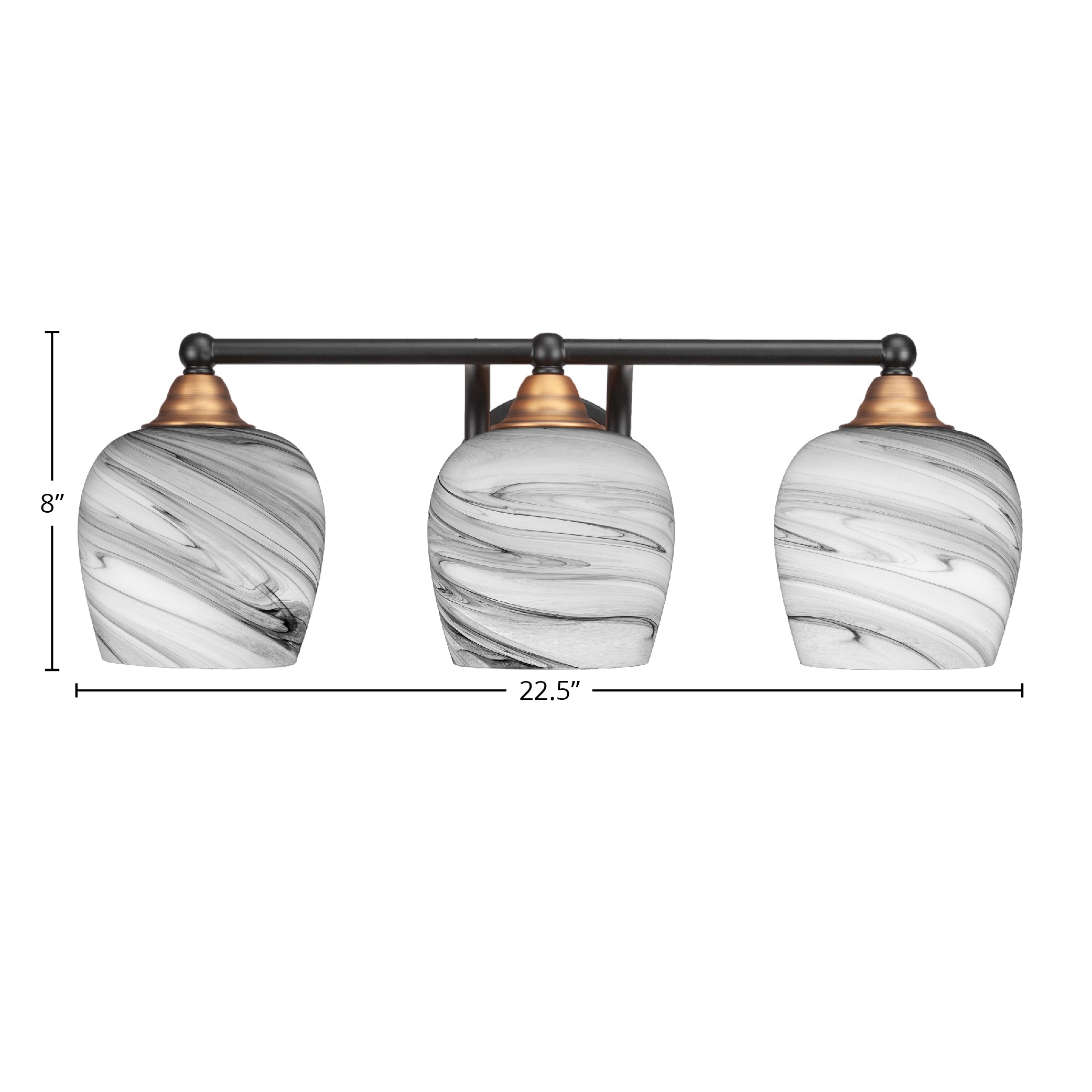 Paramount Three Light Bath Bar in Matte Black & Brass with 6" Onyx Swirl Shade
