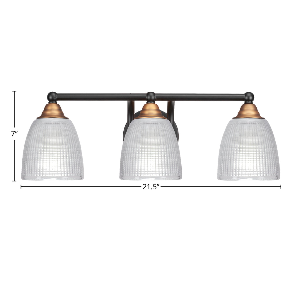 Paramount Three Light Bath Bar in Matte Black & Brass with 5" Clear Ribbed Shade