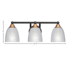 Paramount Three Light Bath Bar in Matte Black & Brass with 5" Clear Ribbed Shade