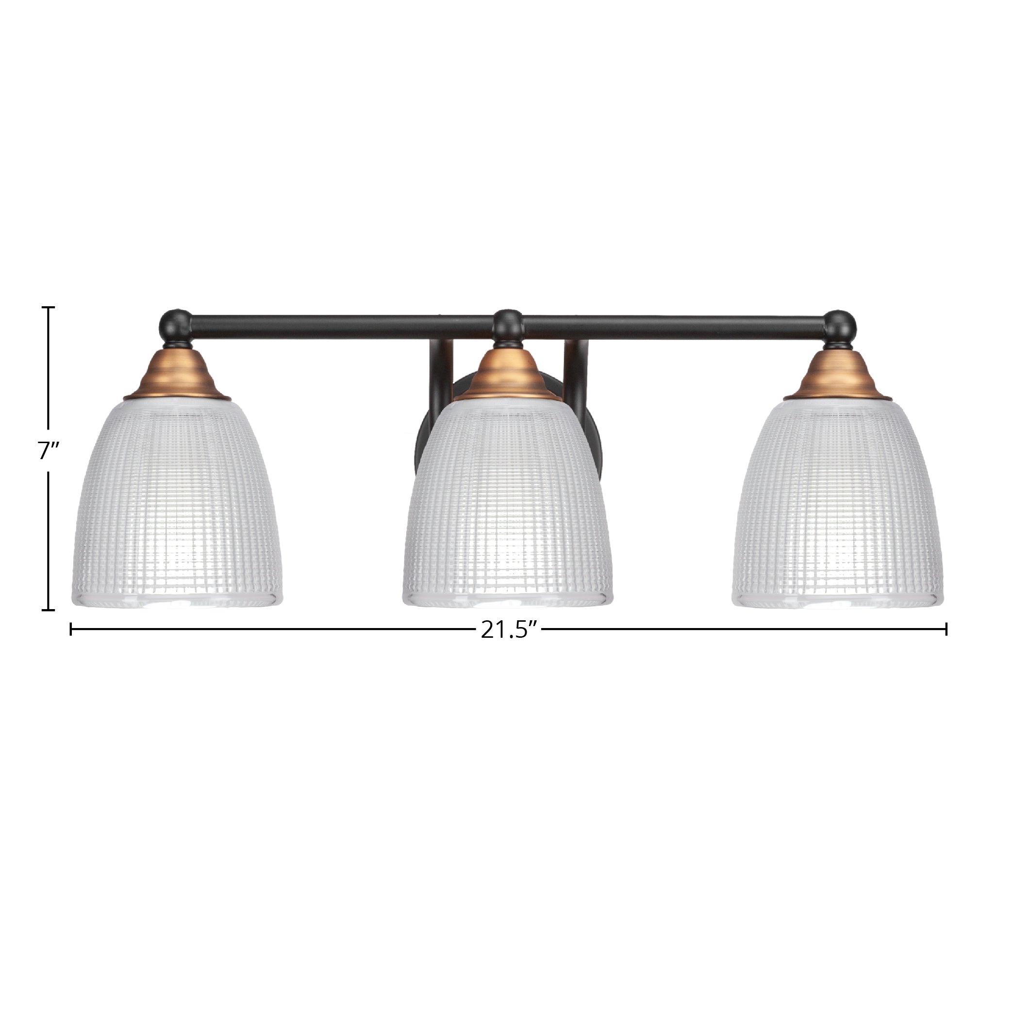 Paramount Three Light Bath Bar in Matte Black & Brass with 5" Clear Ribbed Shade