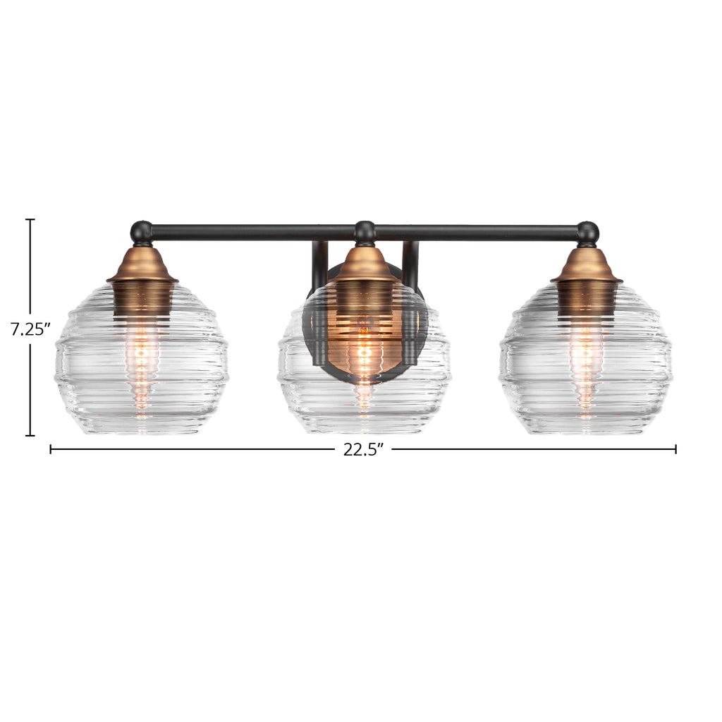 Paramount Three Light Bath Bar in Matte Black & Brass with 6" Clear Ribbed Shade