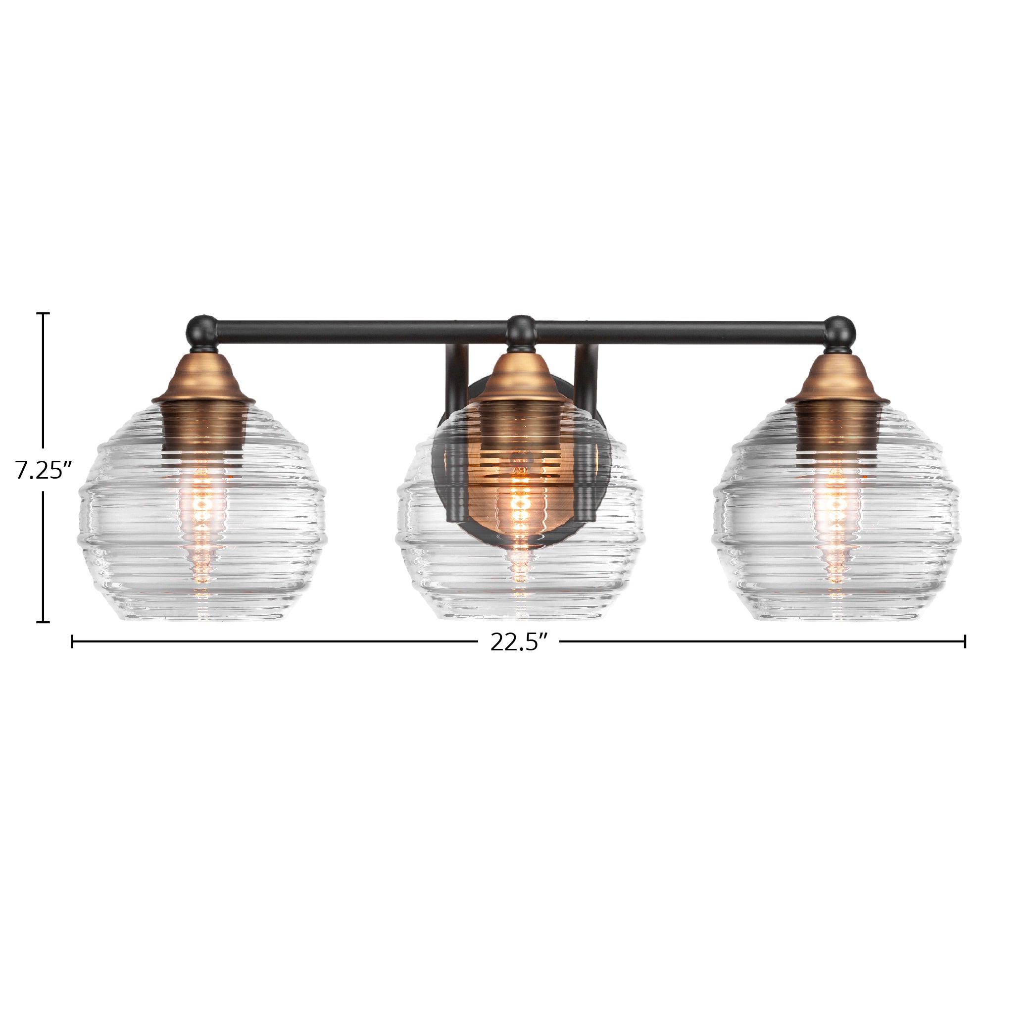 Paramount Three Light Bath Bar in Matte Black & Brass with 6" Clear Ribbed Shade