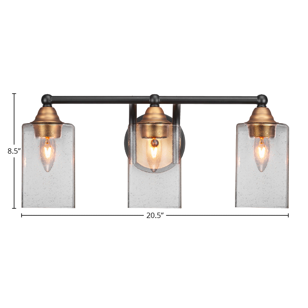 Paramount Three Light Bath Bar in Matte Black & Brass with 4" Square Clear Bubble Shade