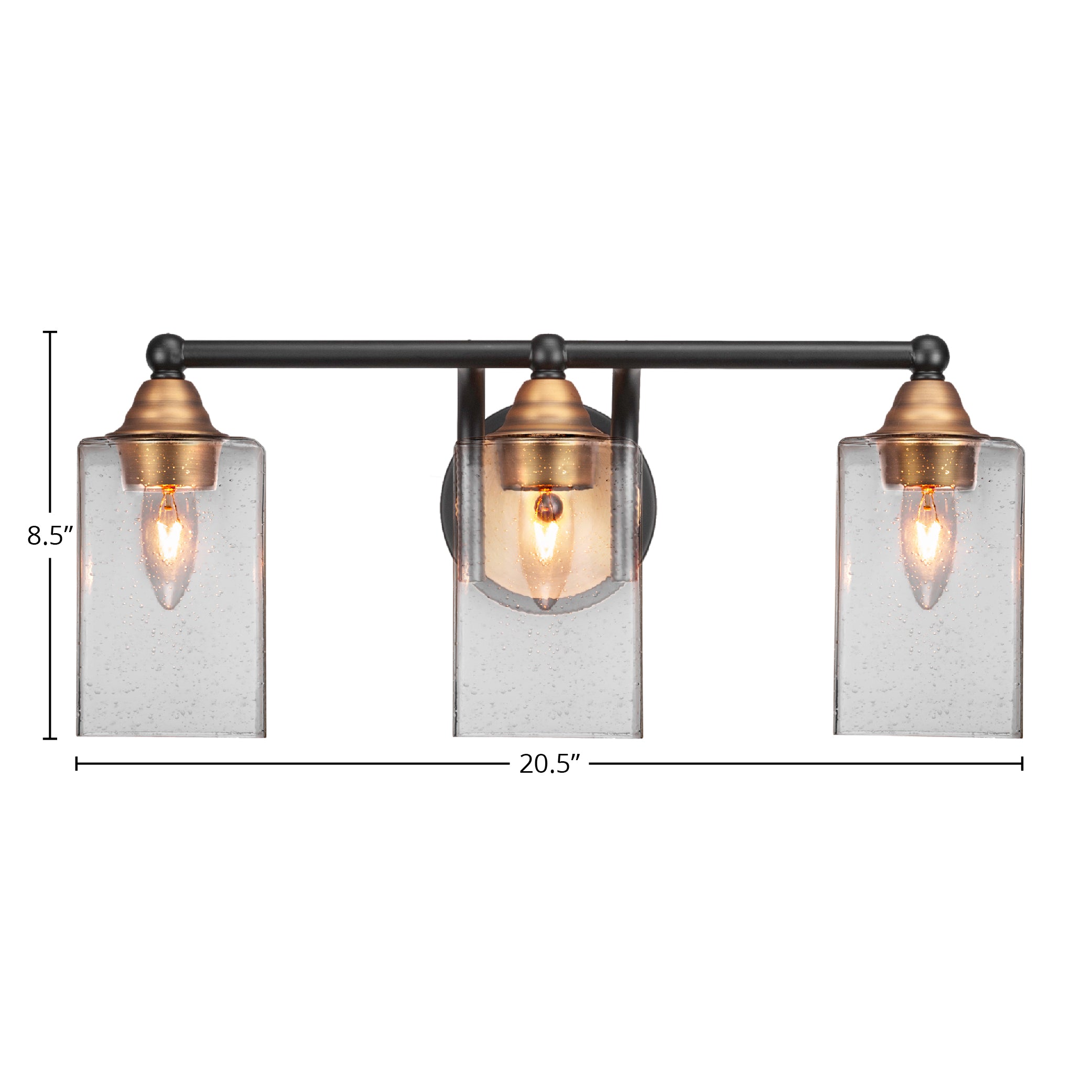 Paramount Three Light Bath Bar in Matte Black & Brass with 4" Square Clear Bubble Shade