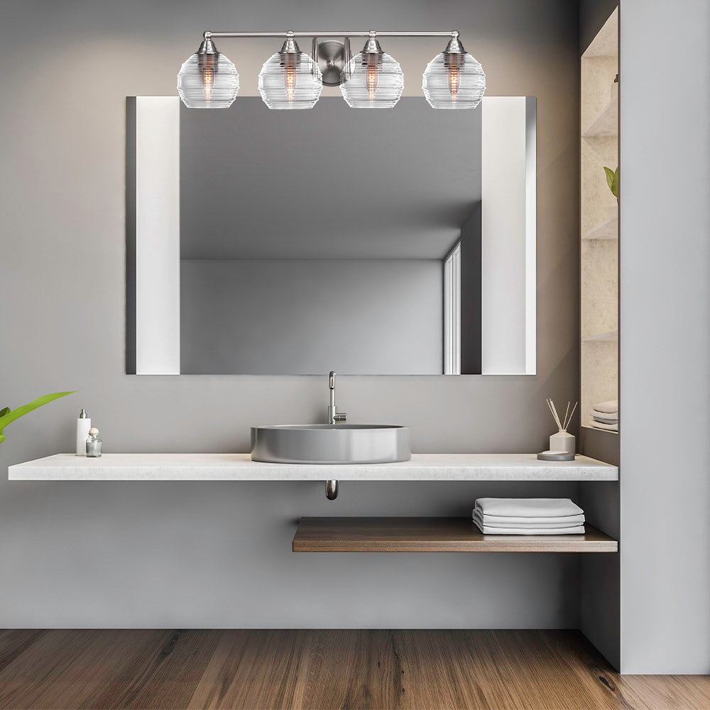 Paramount Four Light Bath Bar in Brushed Nickel with 6" Clear Ribbed Shade