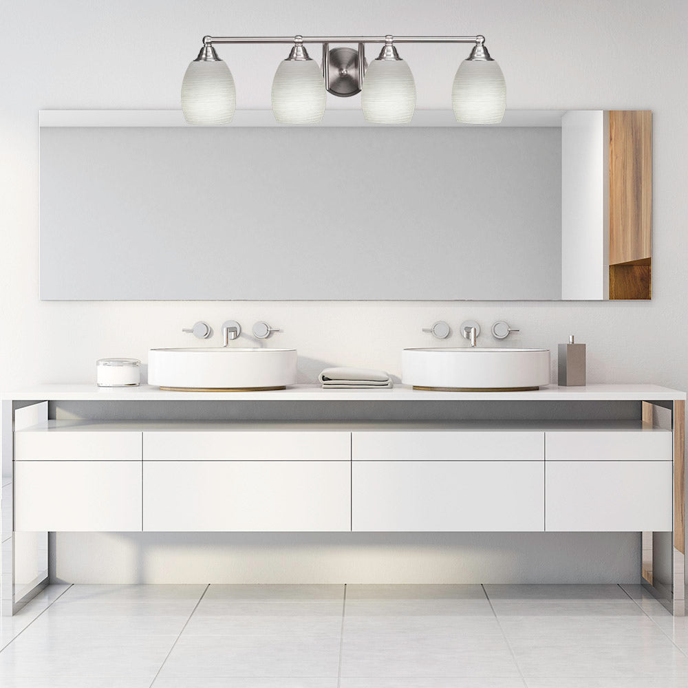 Paramount Four Light Bath Bar in Brushed Nickel with 5" White Linen Shade