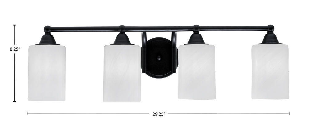 Paramount Four Light Bath Bar in Matte Black with 4" White Marble Shade