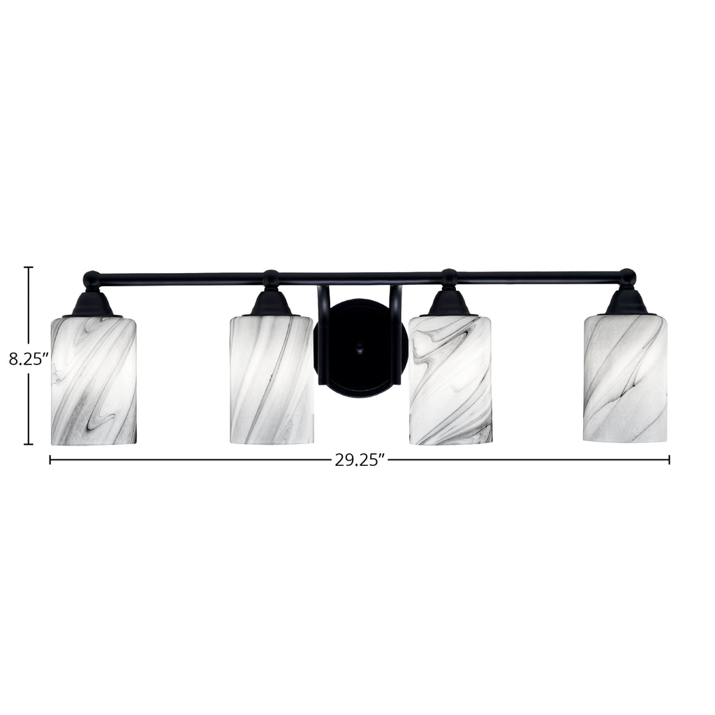 Paramount Four Light Bath Bar in Matte Black with 4" Onyx Swirl Shade