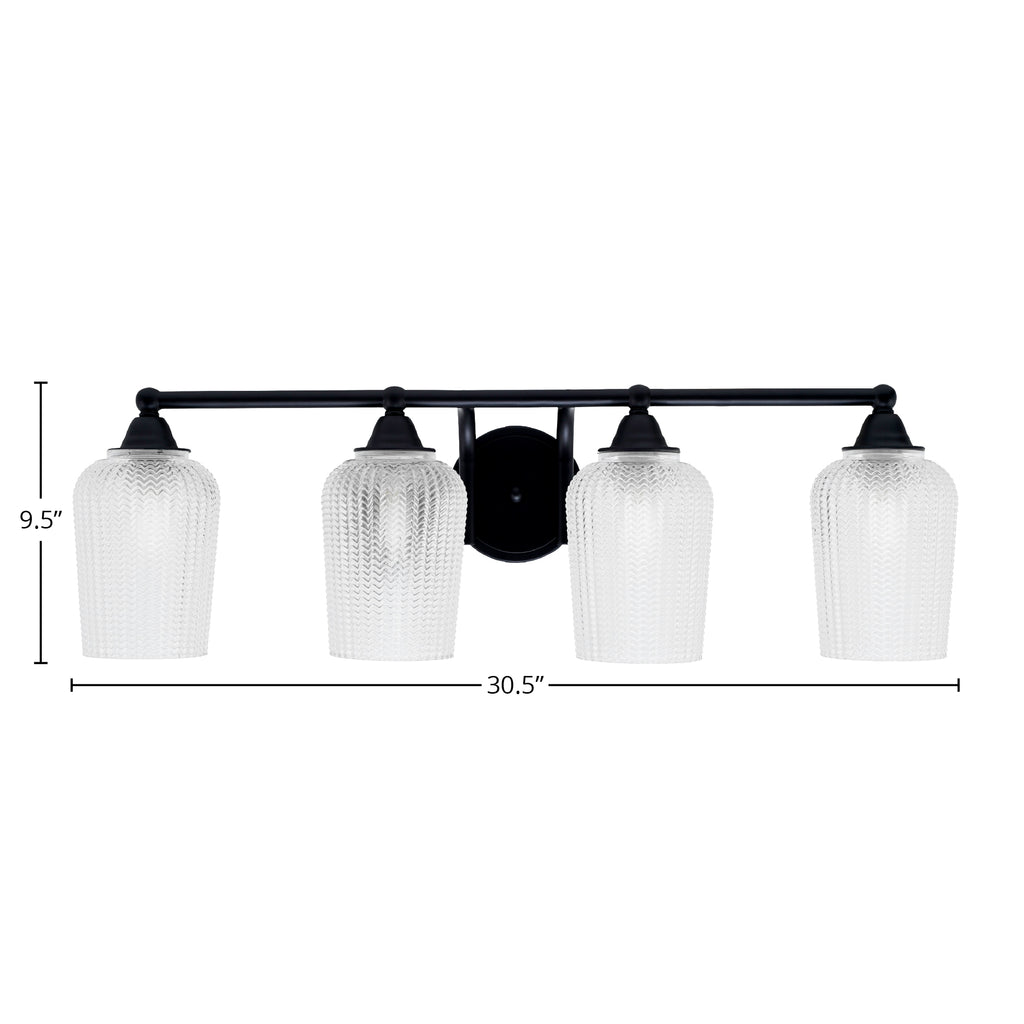 Paramount Four Light Bath Bar in Matte Black with 5" Clear Textured Shade