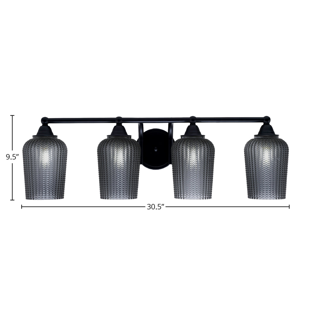 Paramount Four Light Bath Bar in Matte Black with 5" Smoke Textured Shade