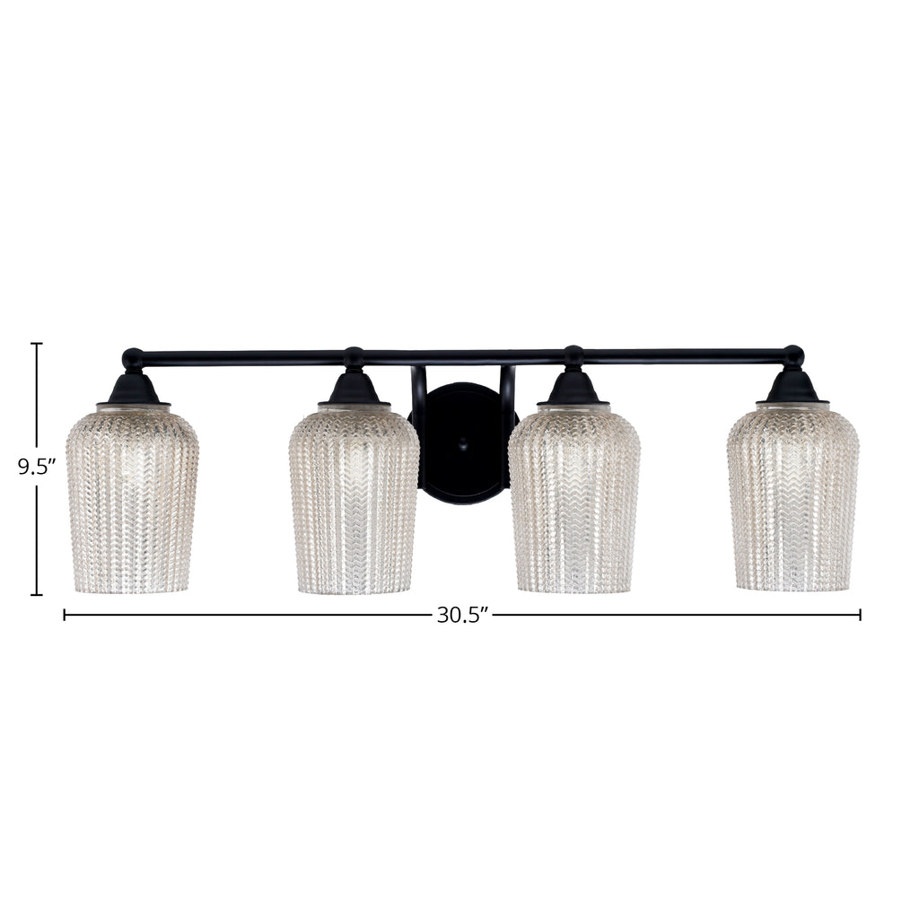 Paramount Four Light Bath Bar in Matte Black with 5" Silver Textured Shade