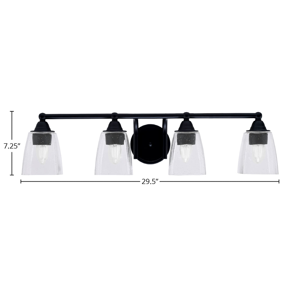 Paramount Four Light Bath Bar in Matte Black with 4.5" Square Clear Bubble Shade