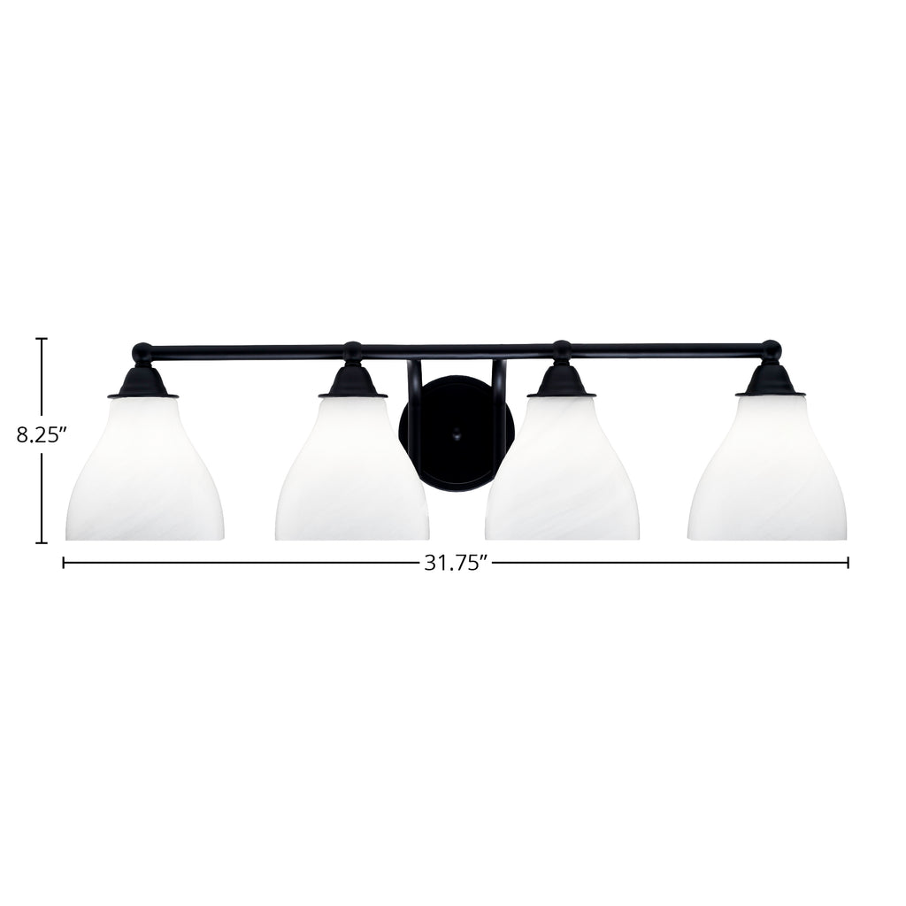 Paramount Four Light Bath Bar in Matte Black with 6.25" White Marble Shade