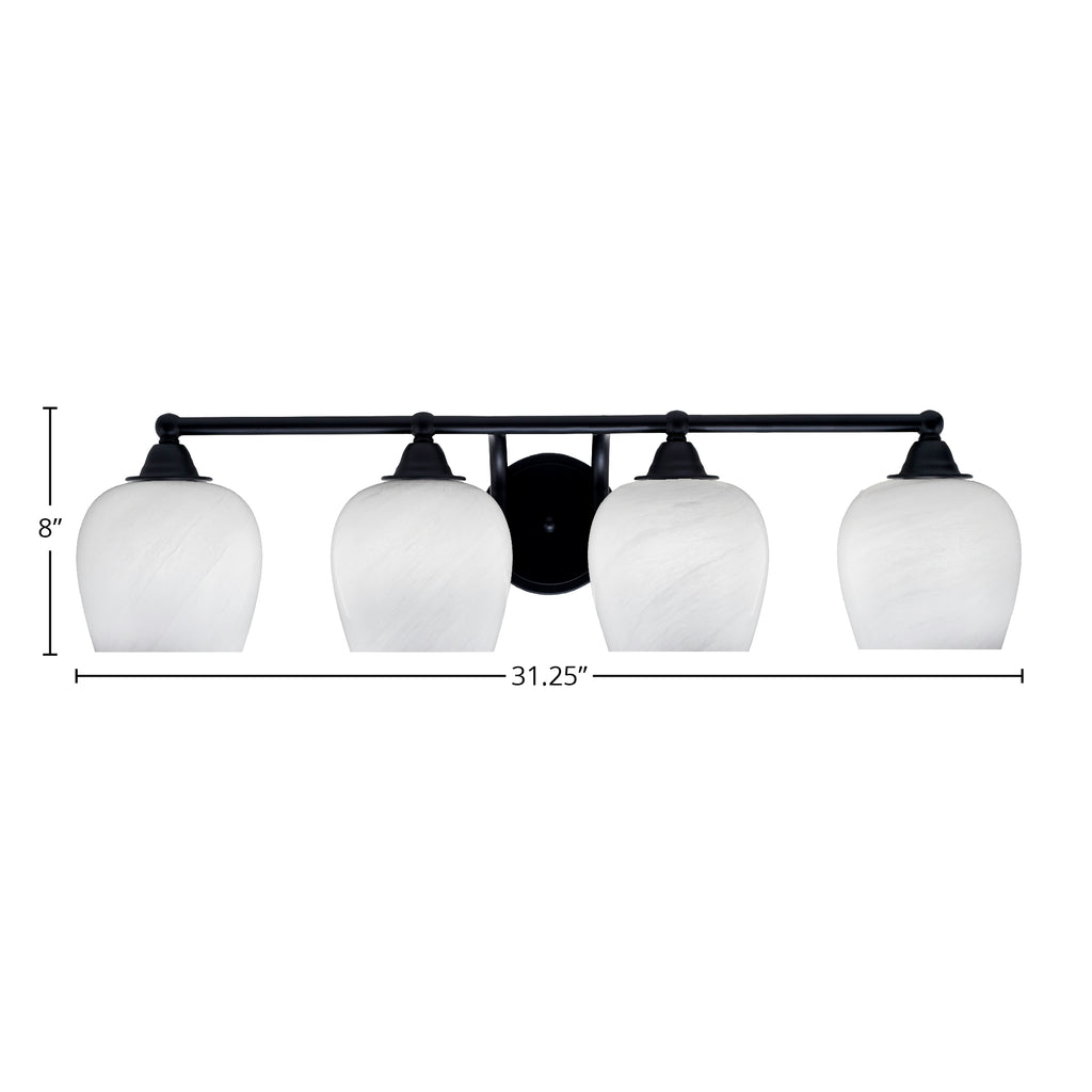 Paramount Four Light Bath Bar in Matte Black with 6" White Marble Shade