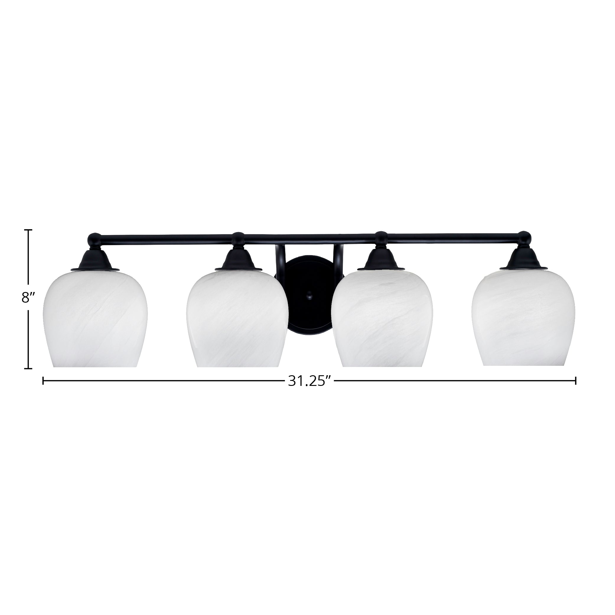 Paramount Four Light Bath Bar in Matte Black with 6" White Marble Shade