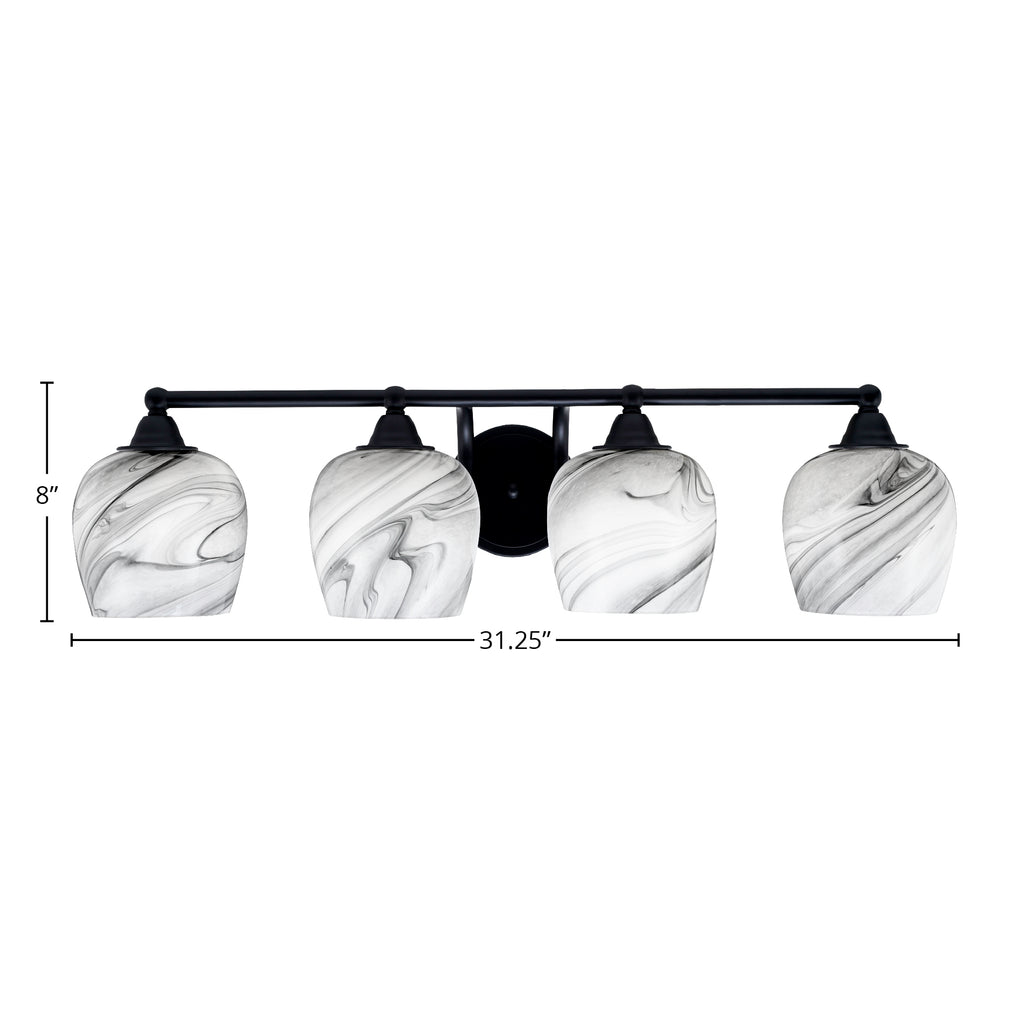 Paramount Four Light Bath Bar in Matte Black with 6" Onyx Swirl Shade