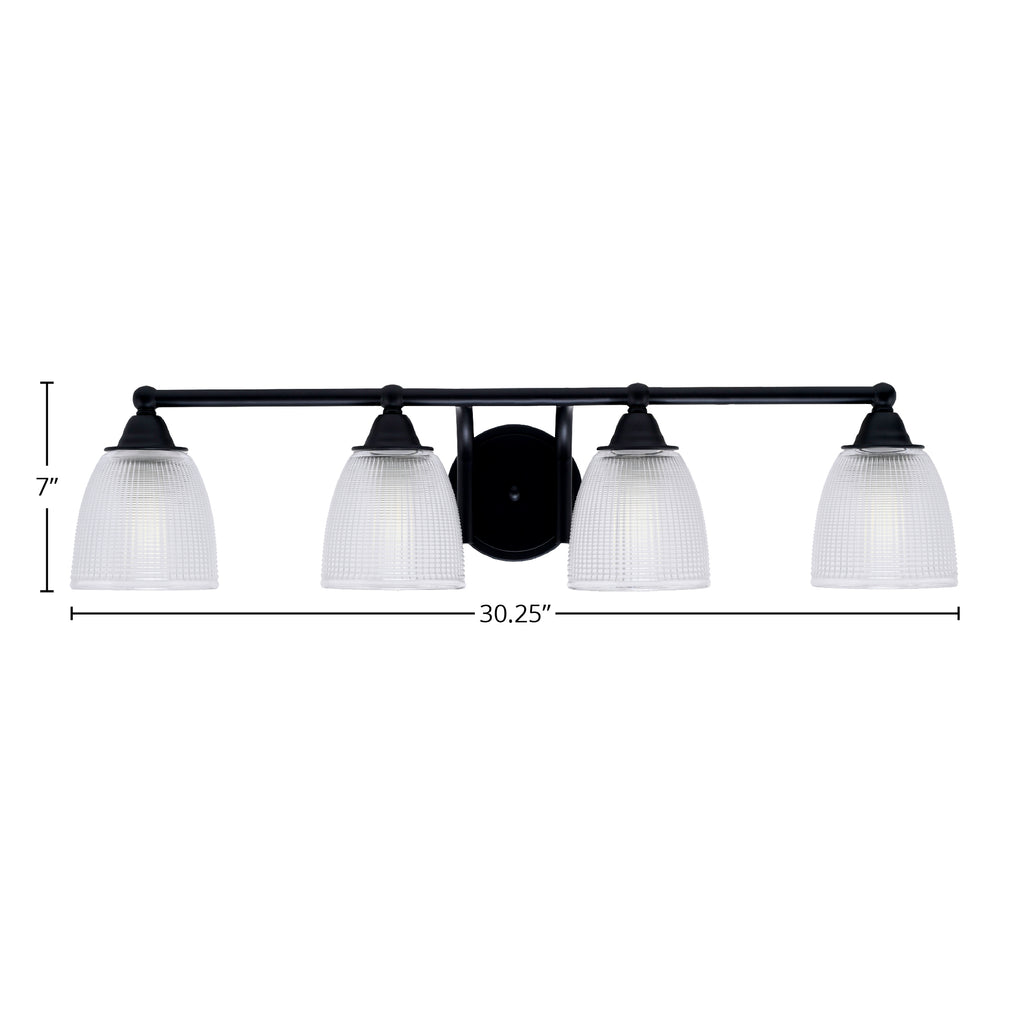 Paramount Four Light Bath Bar in Matte Black with 5" Clear Ribbed Shade