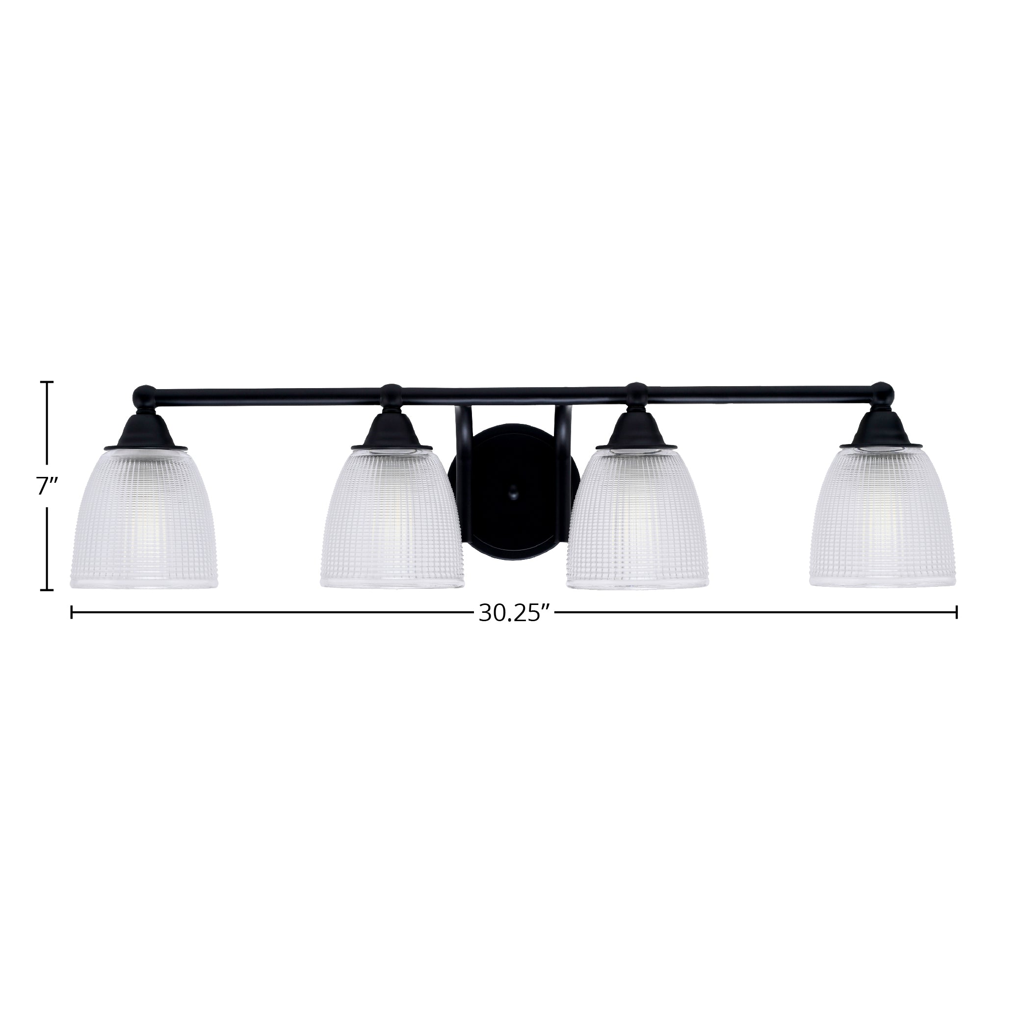 Paramount Four Light Bath Bar in Matte Black with 5" Clear Ribbed Shade