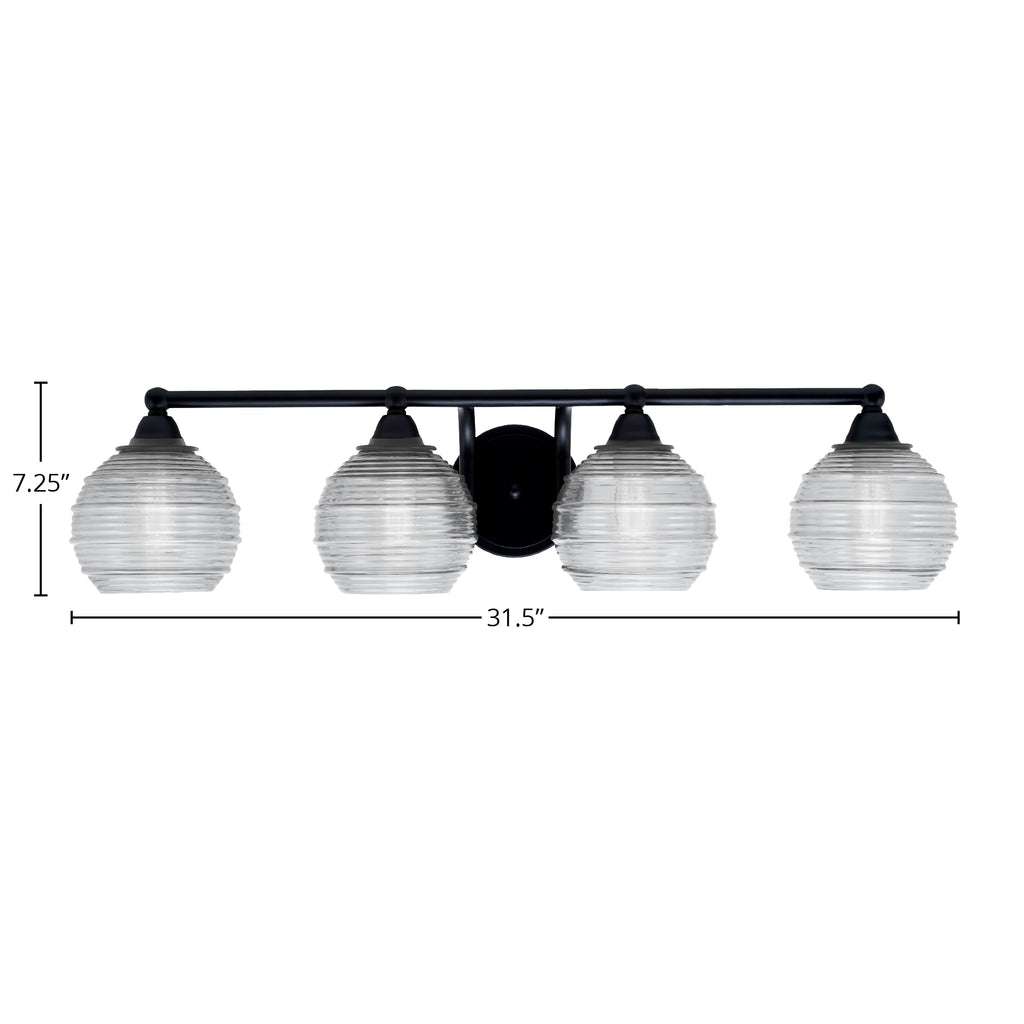 Paramount Four Light Bath Bar in Matte Black with 6" Clear Ribbed Shade