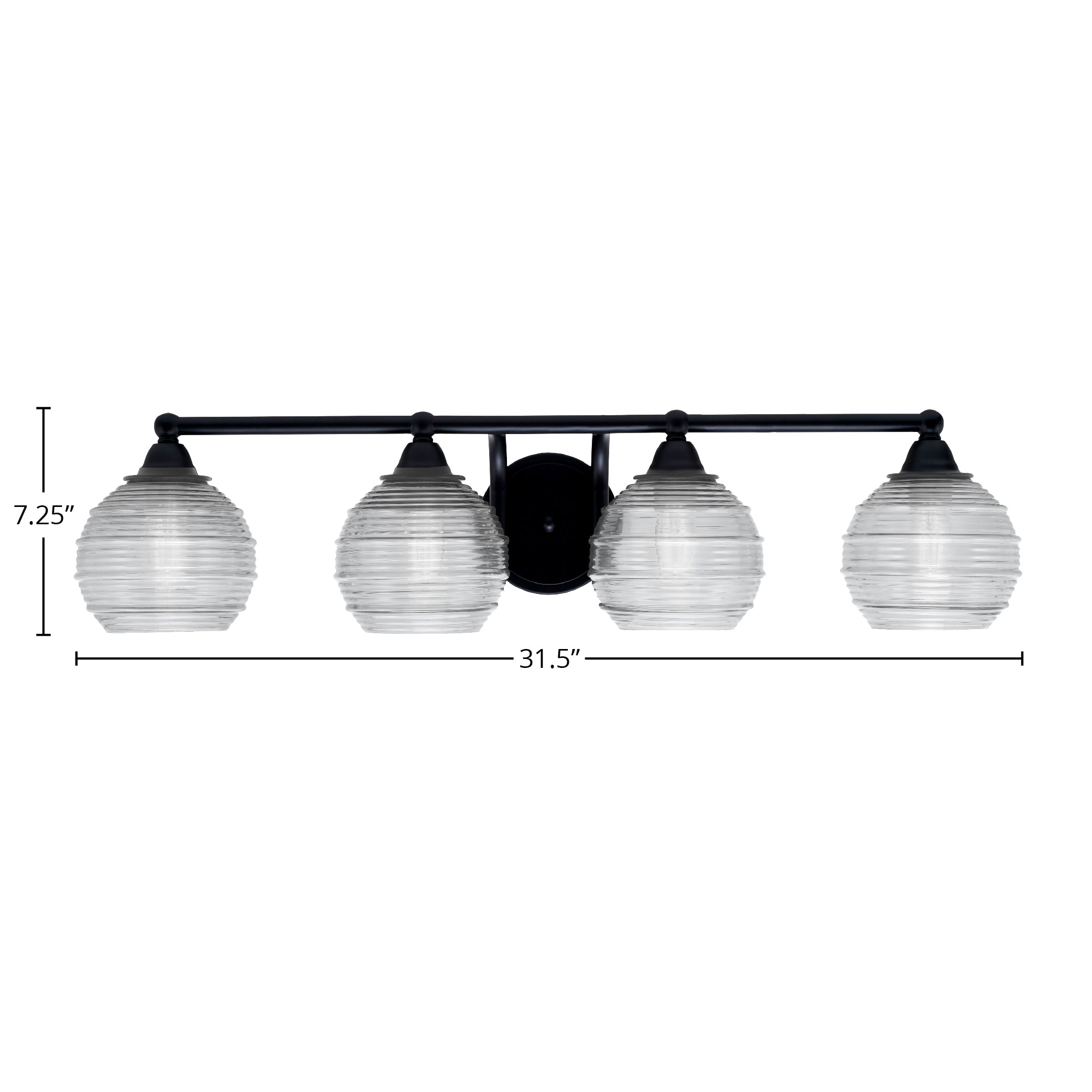 Paramount Four Light Bath Bar in Matte Black with 6" Clear Ribbed Shade