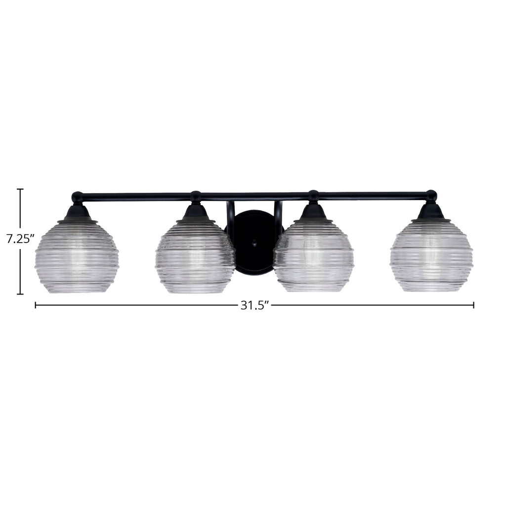 Paramount Four Light Bath Bar in Matte Black with 6" Smoke Ribbed Shade