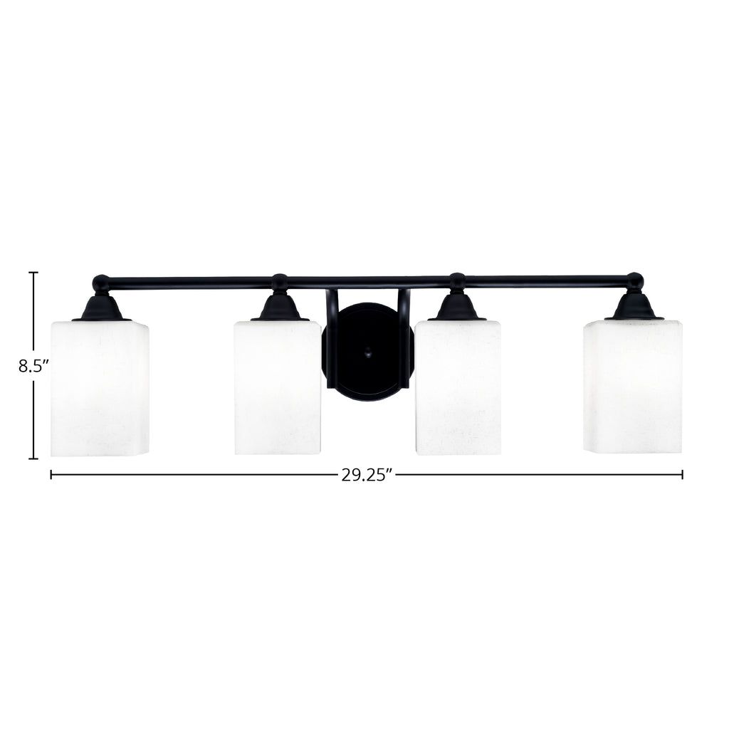 Paramount Four Light Bath Bar in Matte Black with 4" Square White Muslin Shade