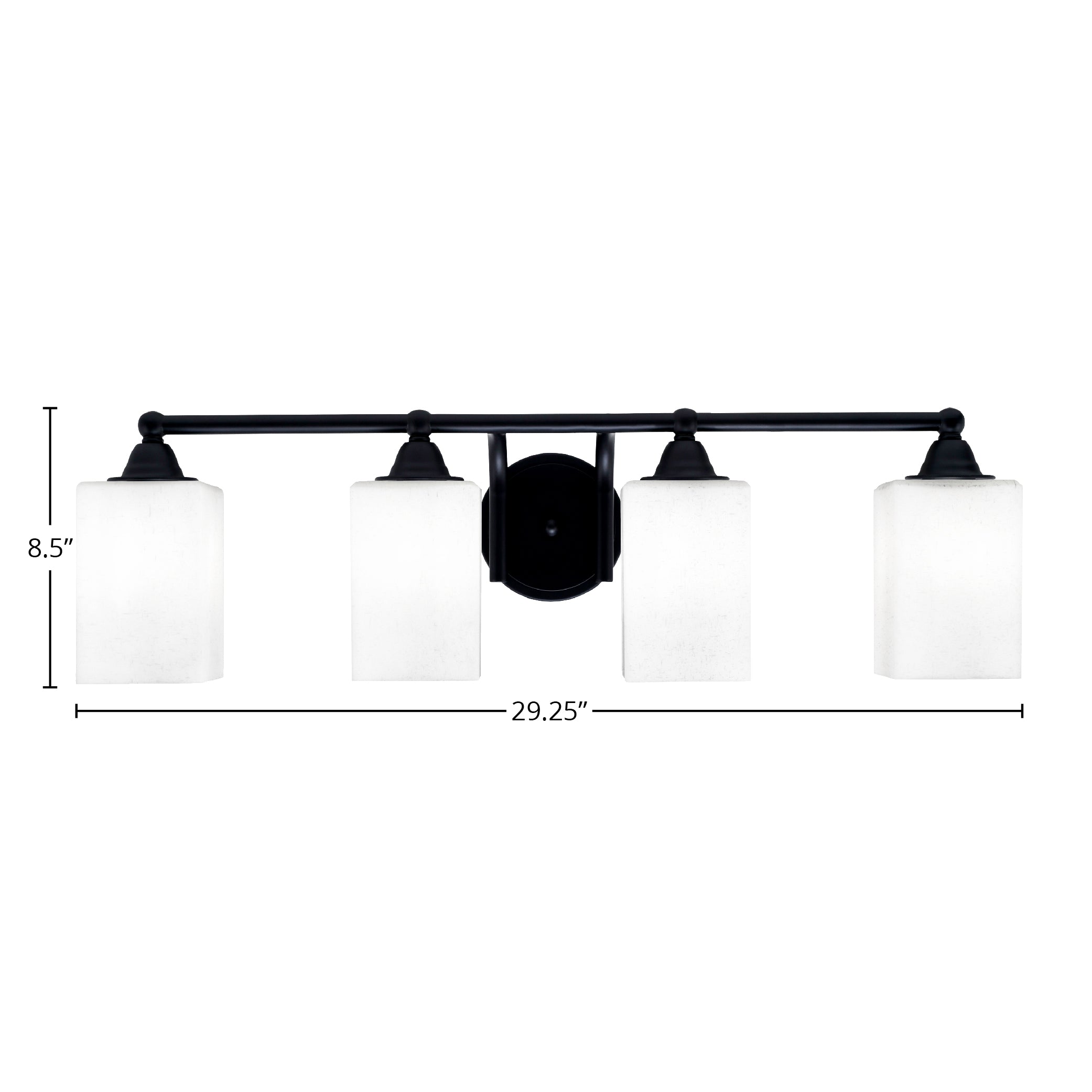 Paramount Four Light Bath Bar in Matte Black with 4" Square White Muslin Shade