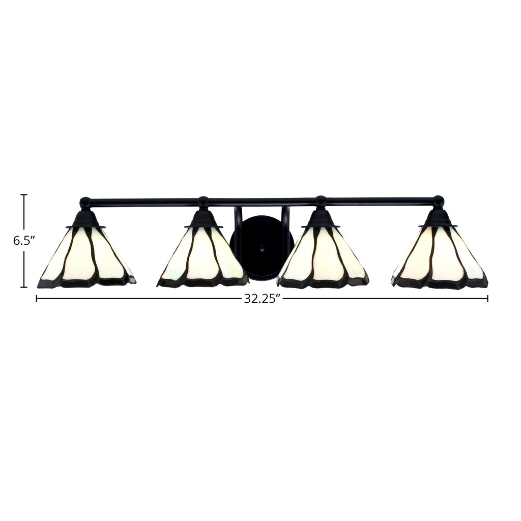 Paramount Four Light Bath Bar in Matte Black with 7" Pearl & Black Flair Art Glass Shade