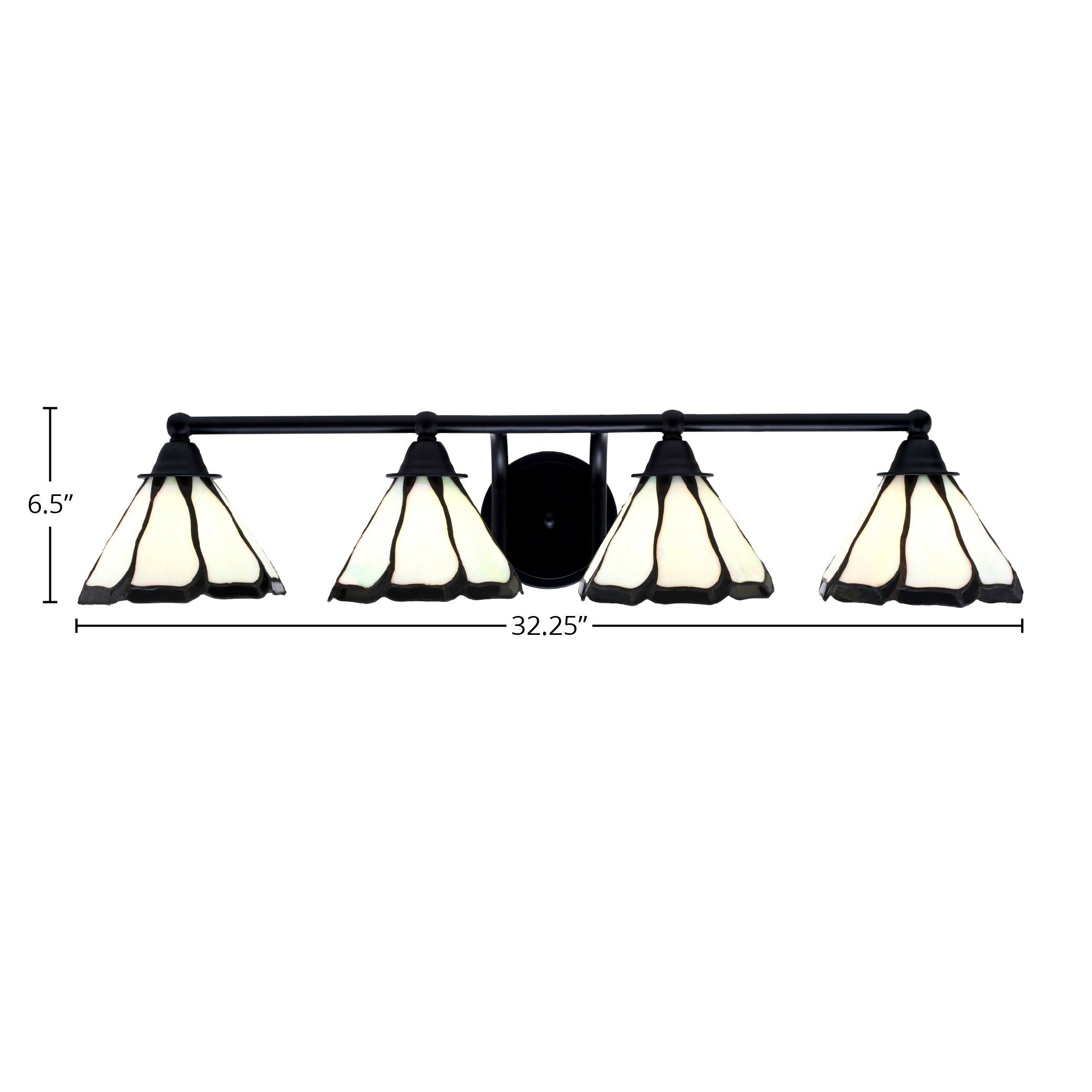 Paramount Four Light Bath Bar in Matte Black with 7" Pearl & Black Flair Art Glass Shade