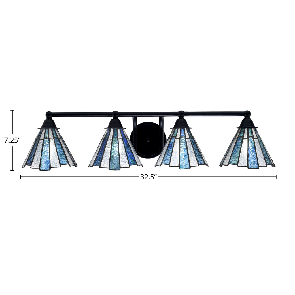 Paramount Four Light Bath Bar in Matte Black with 7" Sea Ice Art Glass Shade