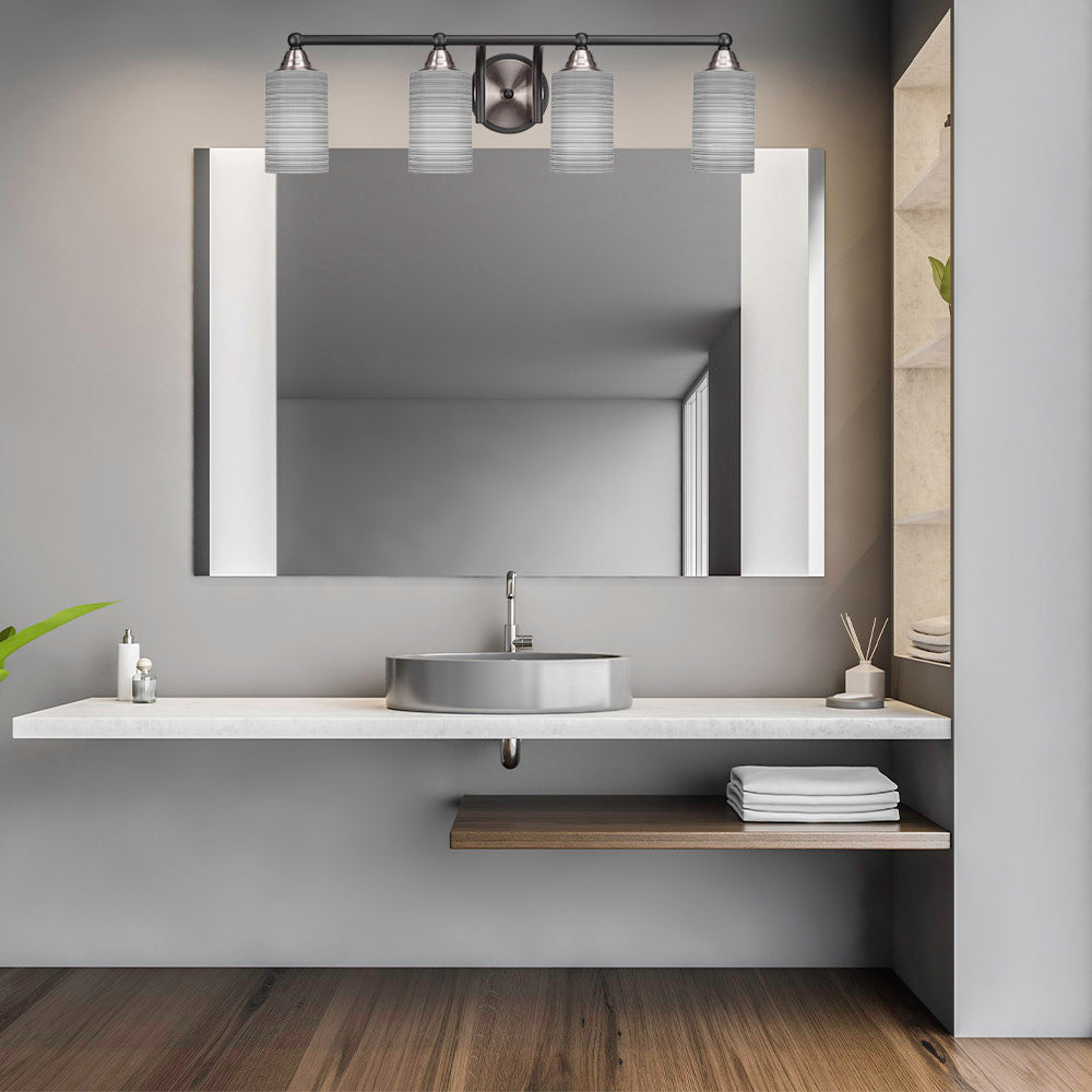 Paramount Four Light Bath Bar in Matte Black & Brushed Nickel with 4" Gray Matrix Shade
