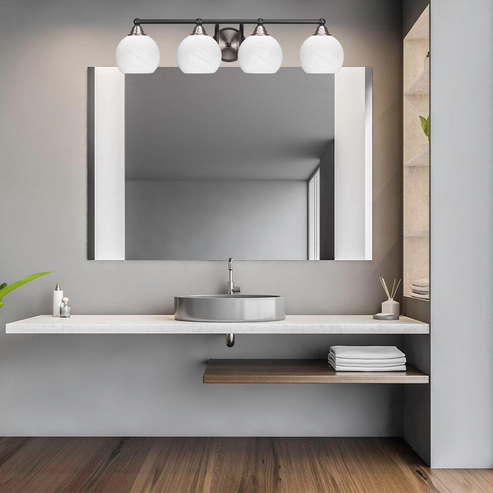 Paramount Four Light Bath Bar in Matte Black & Brushed Nickel with 5.75" White Marble Shade