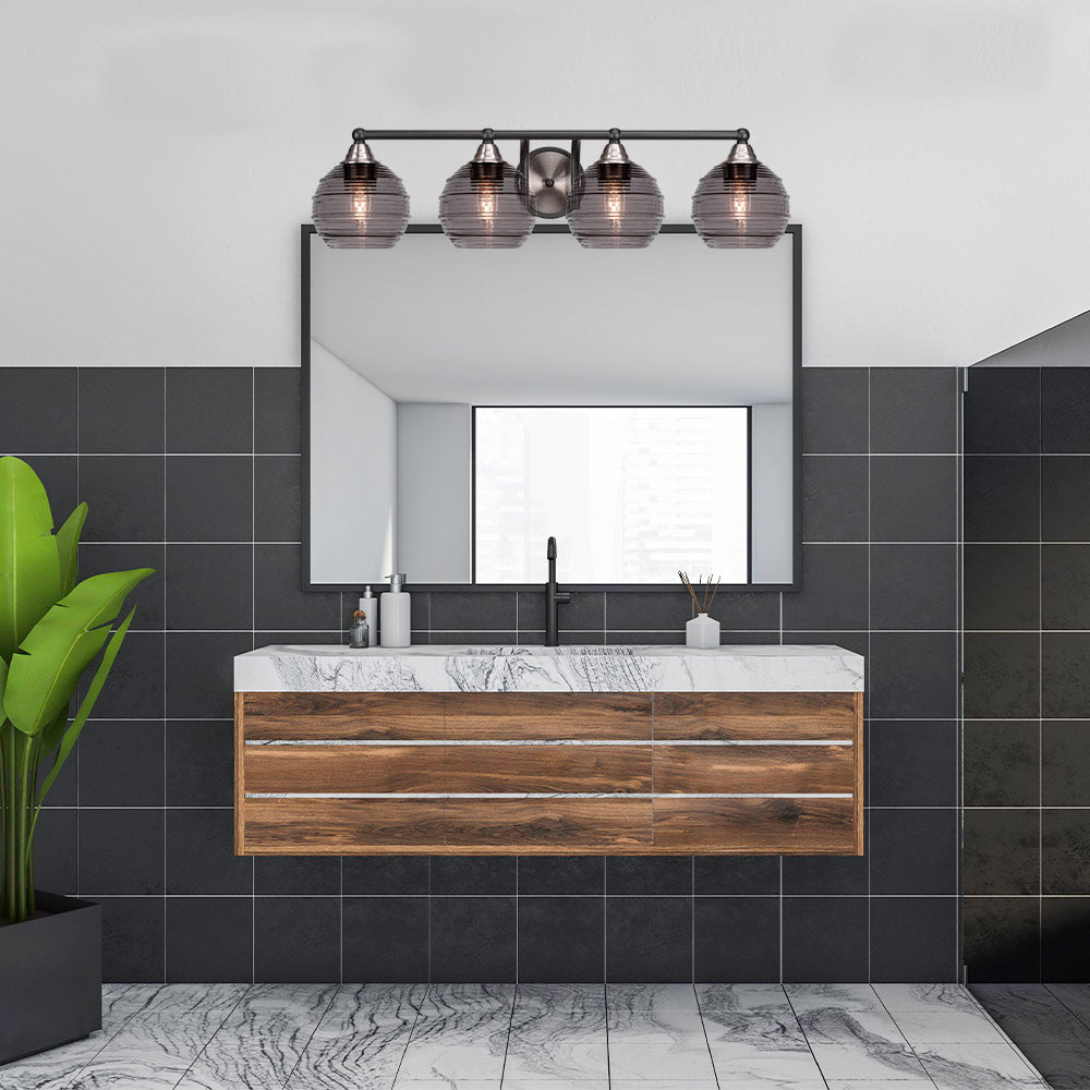 Paramount Four Light Bath Bar in Matte Black & Brushed Nickel with 6" Smoke Ribbed Shade