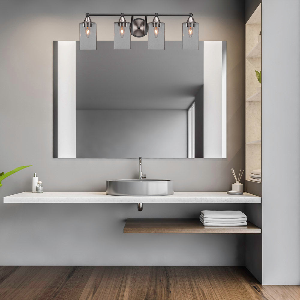 Paramount Four Light Bath Bar in Matte Black & Brushed Nickel with 4" Square Clear Bubble Shade