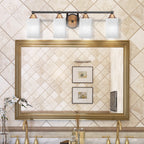 Paramount Four Light Bath Bar in Matte Black & Brass with 4" White Marble Shade