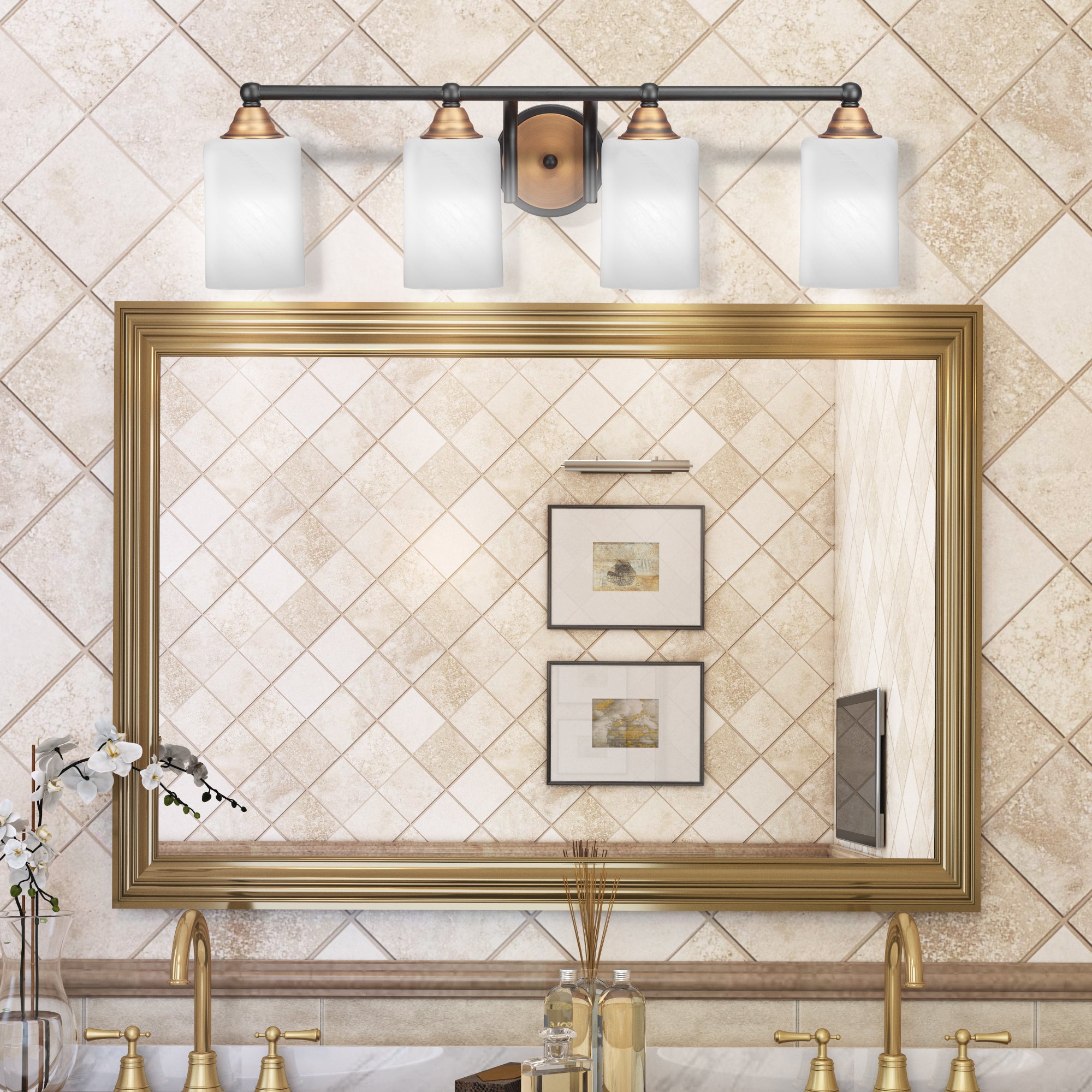 Paramount Four Light Bath Bar in Matte Black & Brass with 4" White Marble Shade
