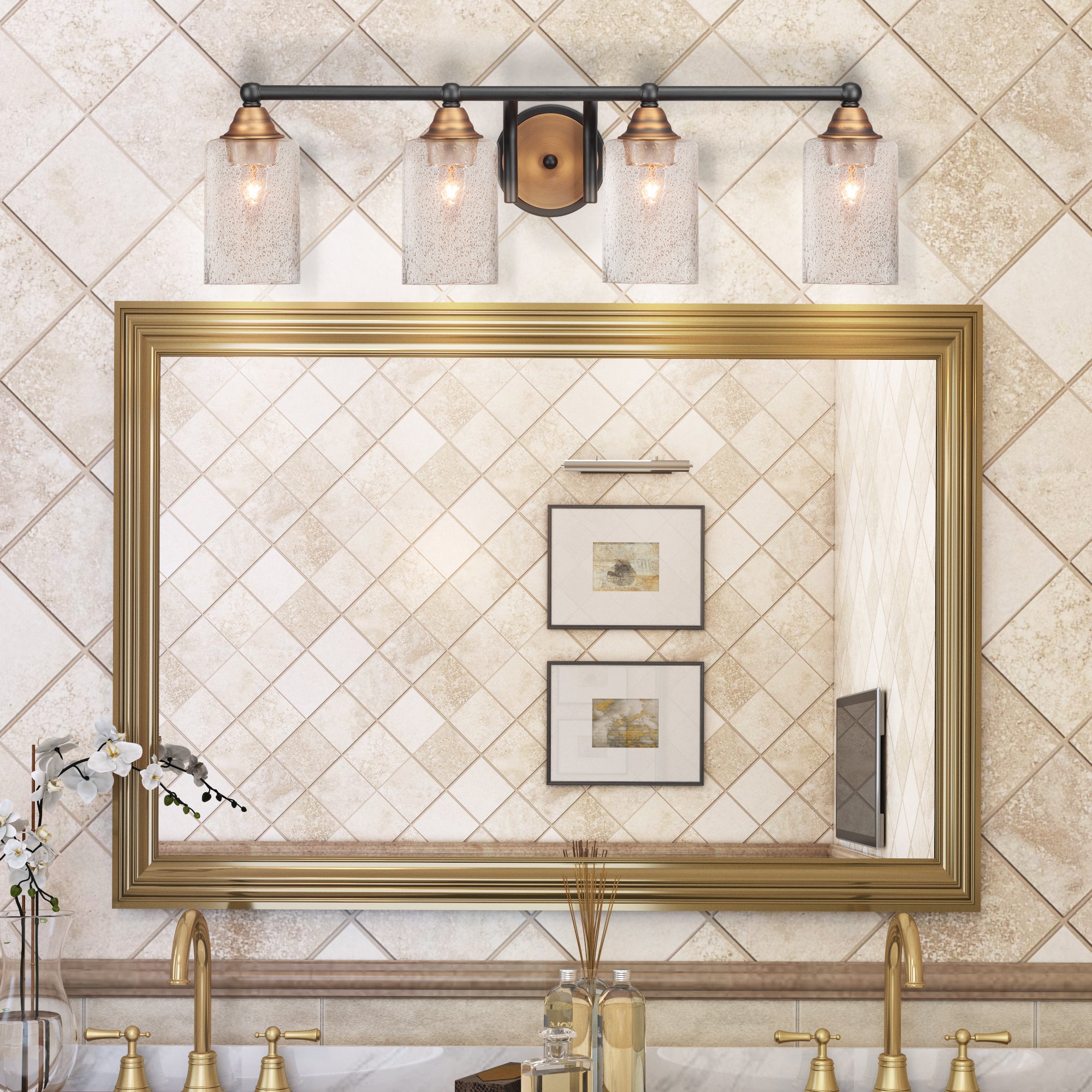 Paramount Four Light Bath Bar in Matte Black & Brass with 4" Smoke Bubble Shade