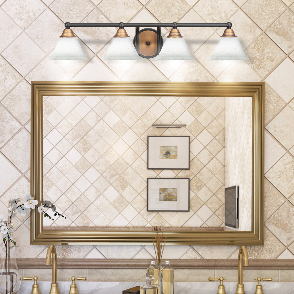 Paramount Four Light Bath Bar in Matte Black & Brass with 7" White Muslin Shade