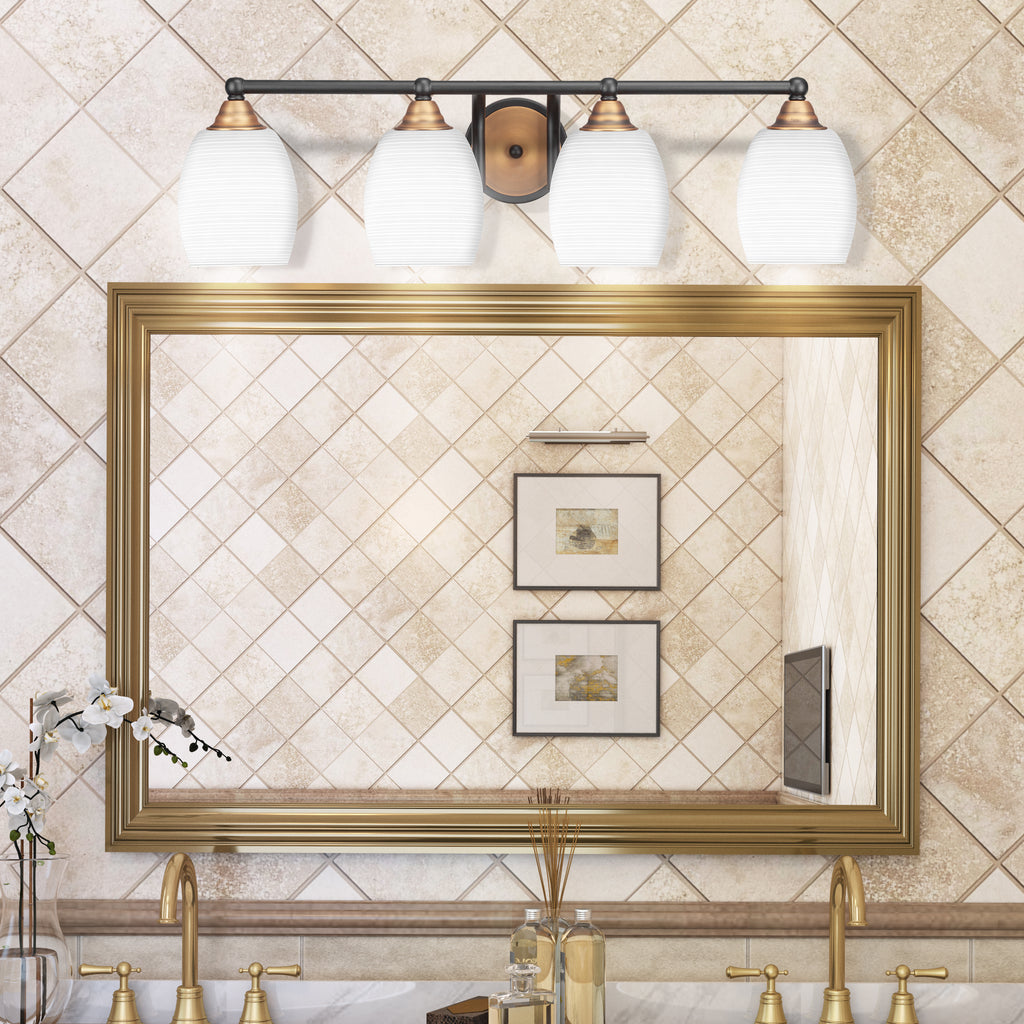 Paramount Four Light Bath Bar in Matte Black & Brass with 5" White Matrix Shade