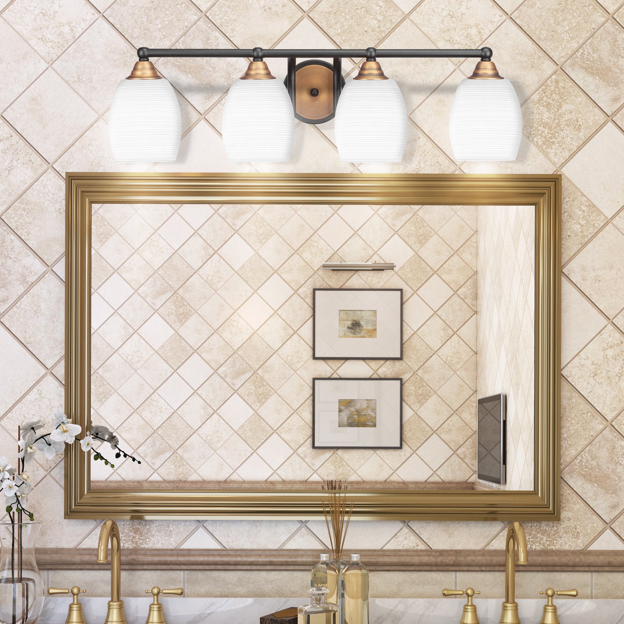 Paramount Four Light Bath Bar in Matte Black & Brass with 5" White Matrix Shade