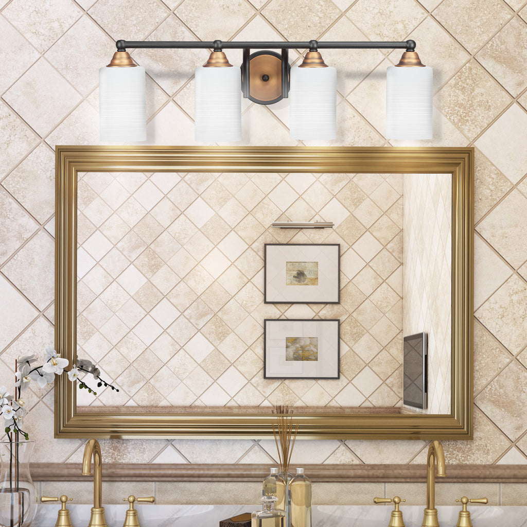 Paramount Four Light Bath Bar in Matte Black & Brass with 4" White Matrix Shade