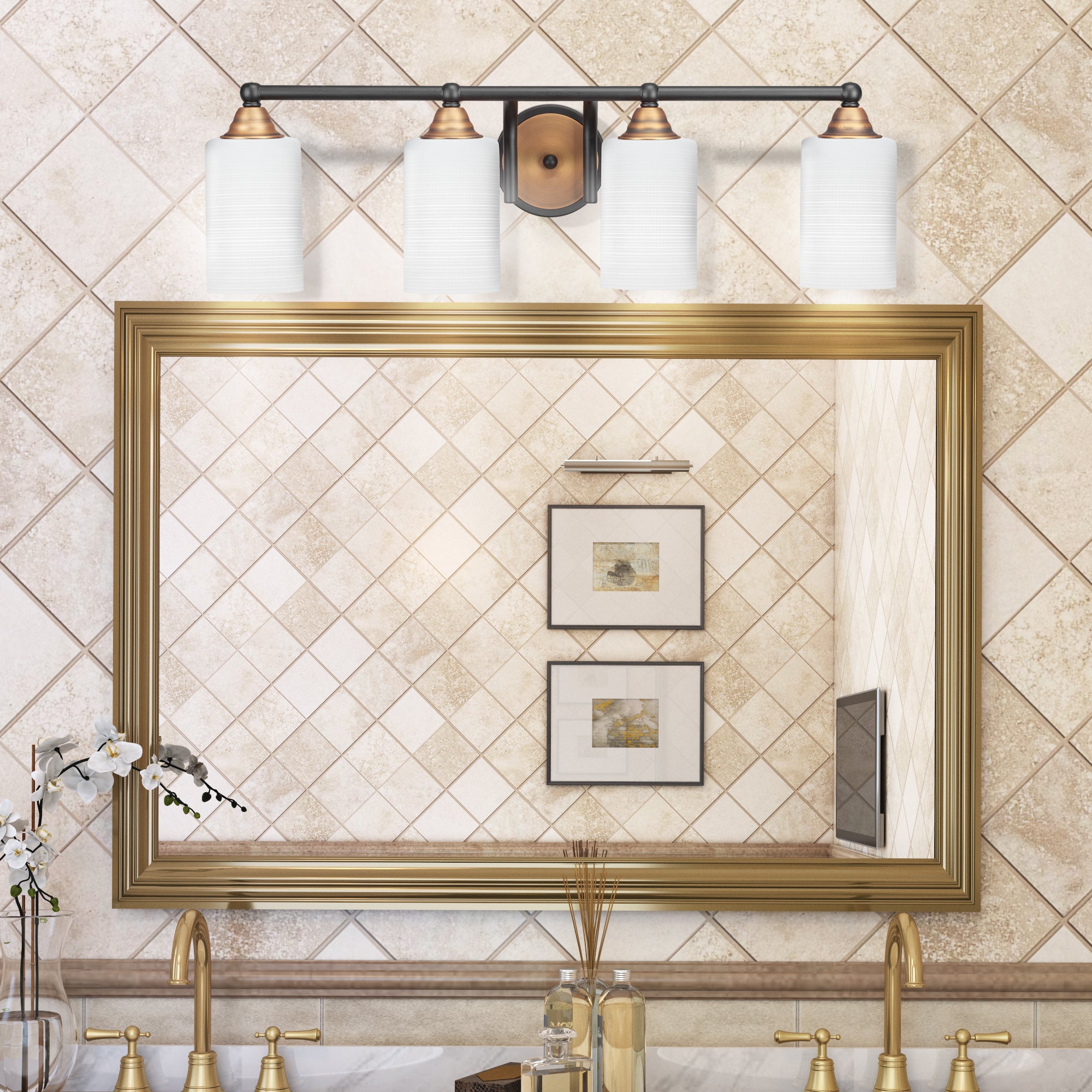 Paramount Four Light Bath Bar in Matte Black & Brass with 4" White Matrix Shade