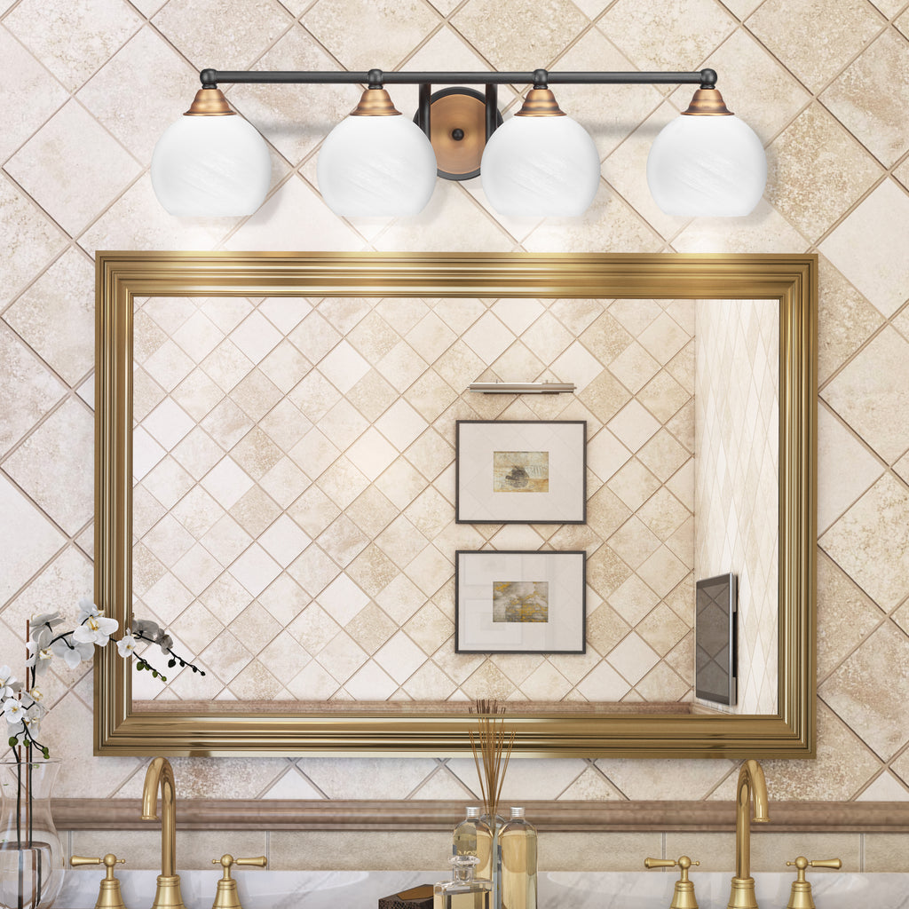 Paramount Four Light Bath Bar in Matte Black & Brass with 5.75" White Marble Shade