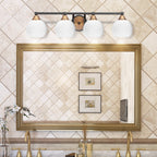 Paramount Four Light Bath Bar in Matte Black & Brass with 5.75" White Marble Shade